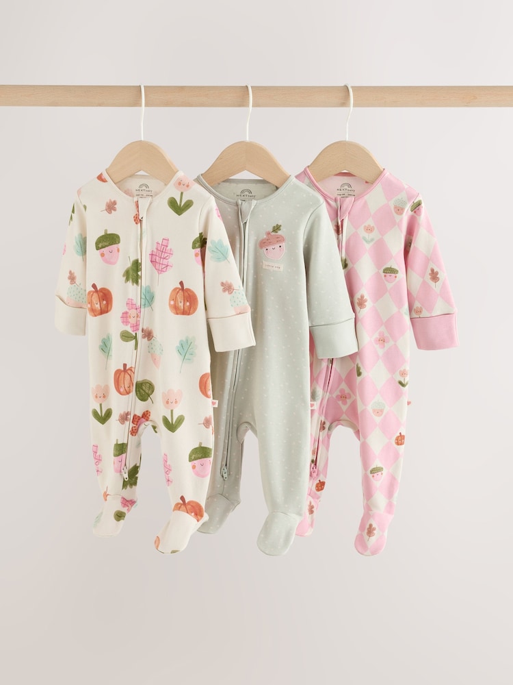 Sage Green Pumpkin Two Way Zip Baby Sleepsuits  NEXT